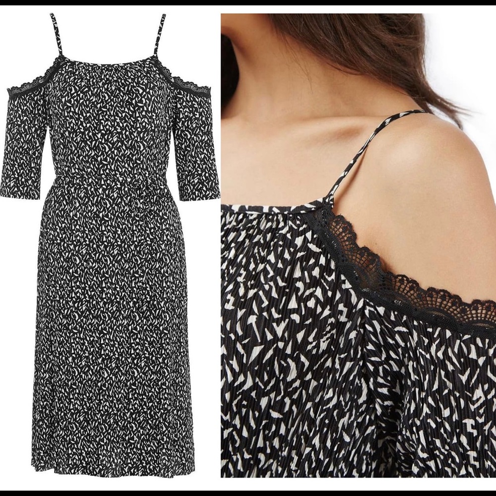 TOPSHOP Lace Trim Plisse Cold Shoulder Dress. Size 2.